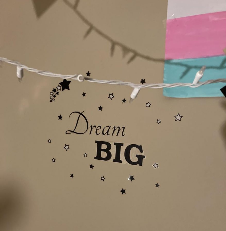 Sophomore Talin Edwards has a Dream Big sticker in their room, as well as a trans pride flag. (Photo contributed by Talin Edwards)