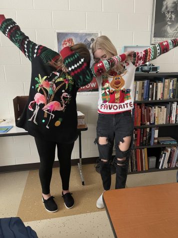 Megan Brown and Maggie Thornsberry on sweater day.  
