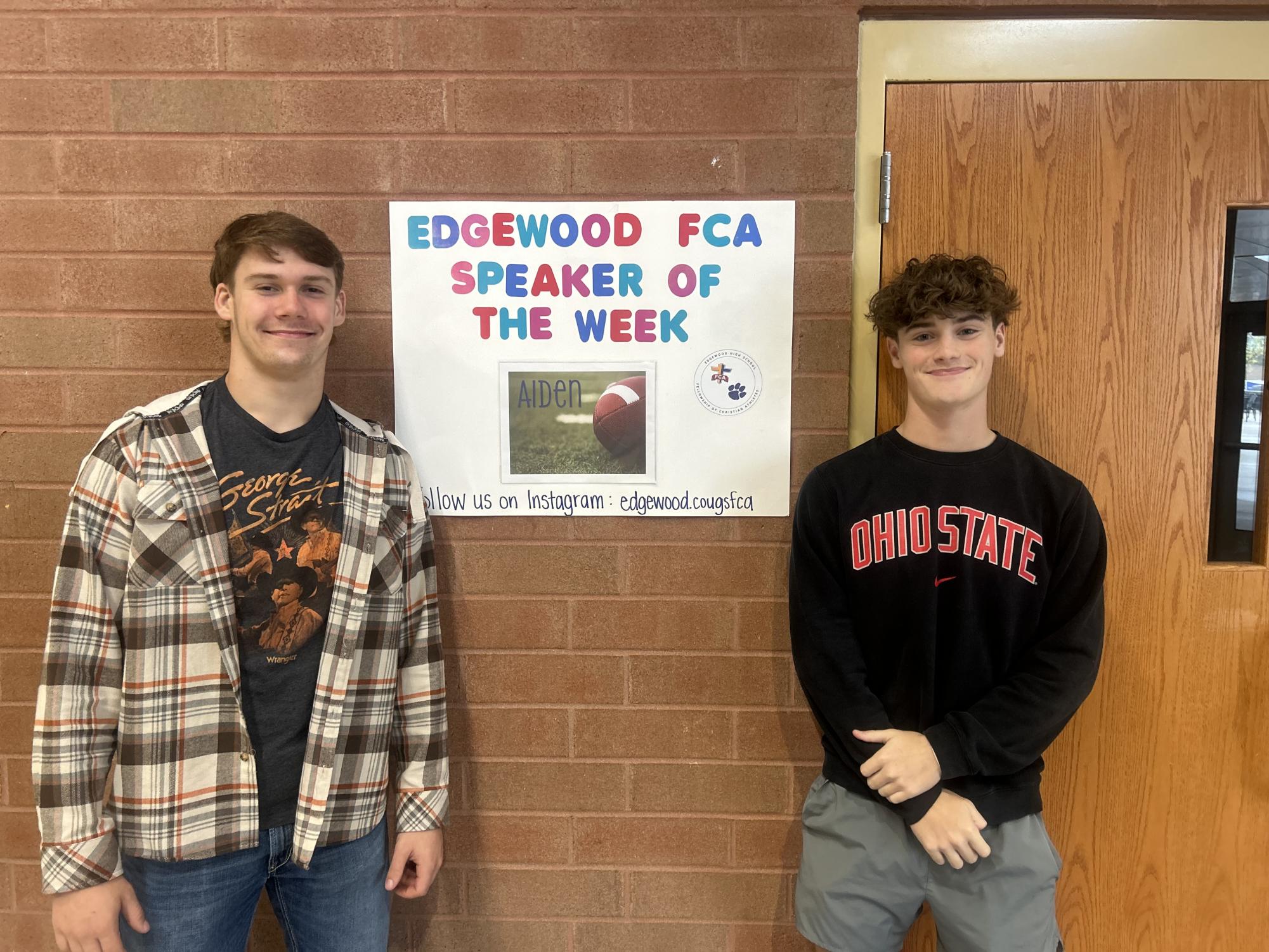 Senior Caden Sparks (left) and sophomore Aidan Johnson (right) help lead FCA.  