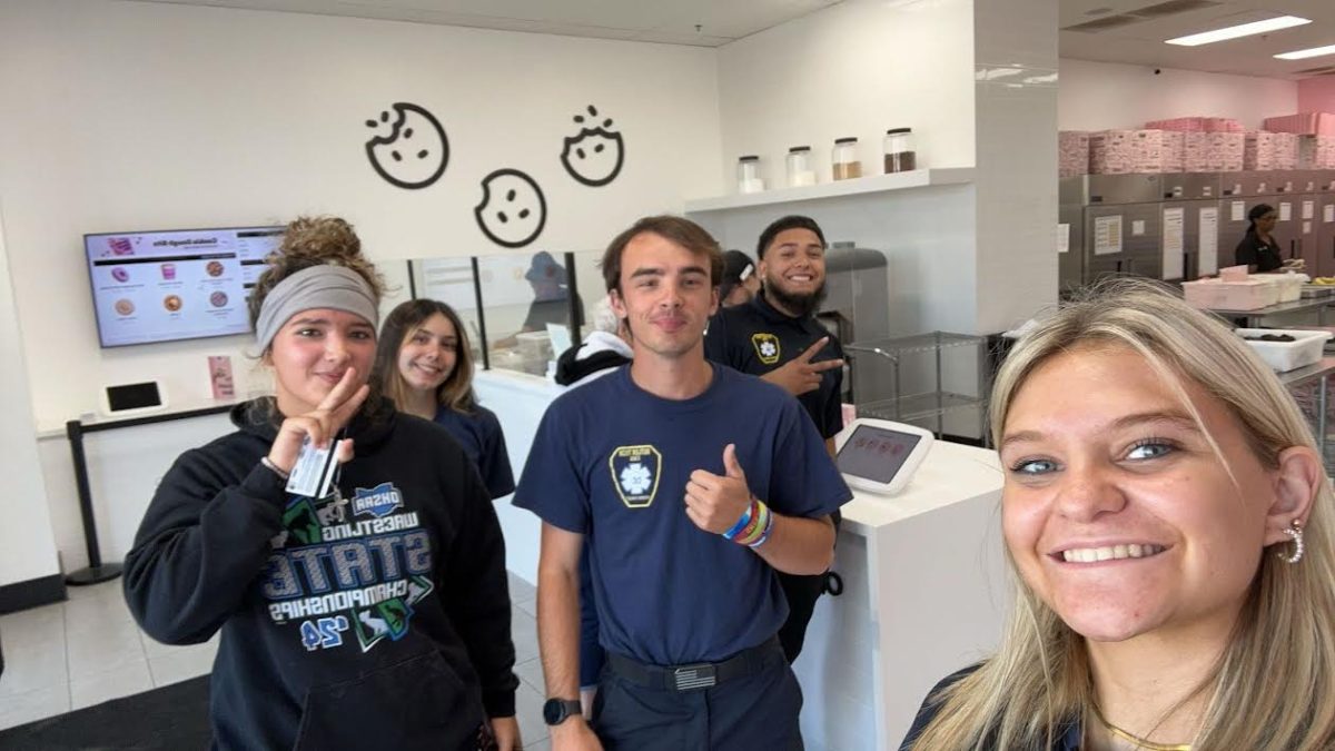 (from left to right) Audrey Garcia, Megan Otis, Brayden Coulter, Christopher Guevara Ortega, Nevaeh Brandenburg in the Butler Tech EMT lab.  Courtesy of Megan Otis.  