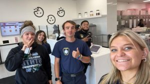 (from left to right) Audrey Garcia, Megan Otis, Brayden Coulter, Christopher Guevara Ortega, Nevaeh Brandenburg in the Butler Tech EMT lab.  Courtesy of Megan Otis.  